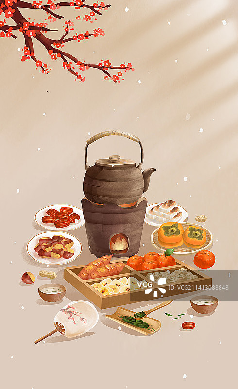 冬季围炉煮茶赏雪赏梅插画图片素材