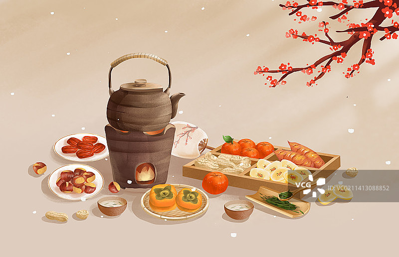 冬季围炉煮茶赏雪赏梅插画图片素材