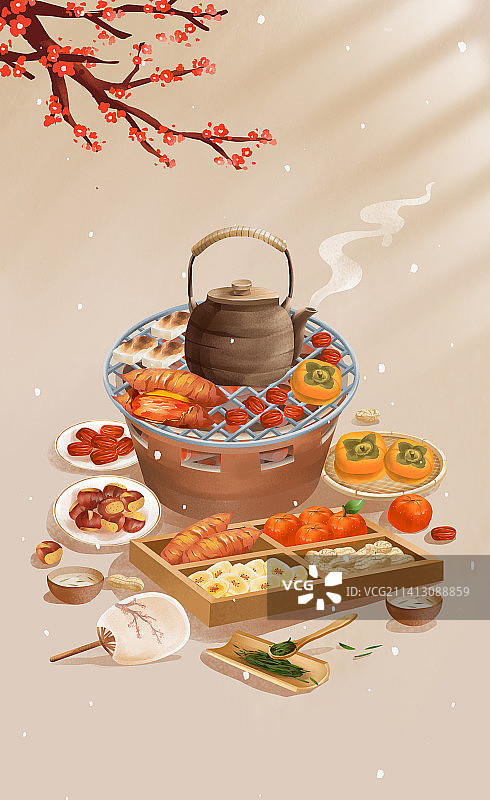 冬季围炉煮茶赏雪赏梅插画图片素材