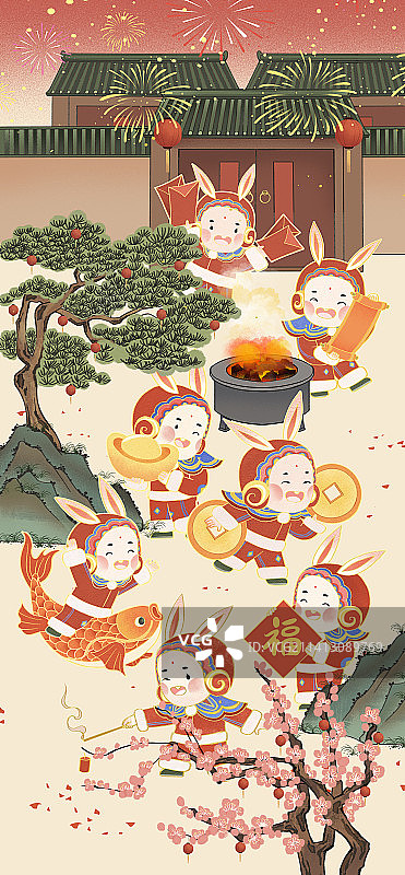 除夕新年热闹大街恭贺新禧庆祝兔年新年可爱兔子插画图片素材