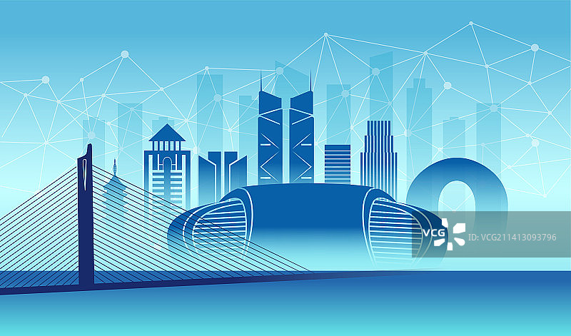 中国浙江省湖州市城市数据5G网络插画蓝色图片素材