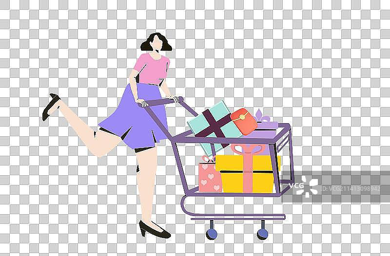 女人推着购物车 年货节双十一双十二图片素材