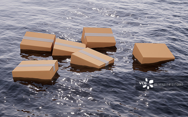 海洋里漂浮的纸箱3D渲染图片素材