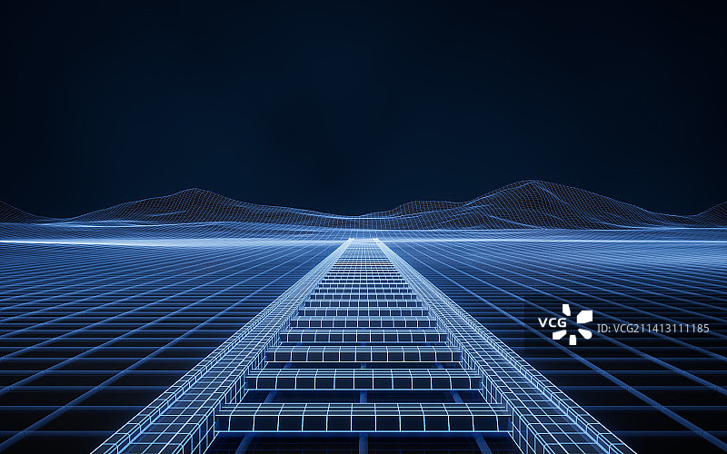 铁路轨道与蓝色科技概念背景3D渲染图片素材