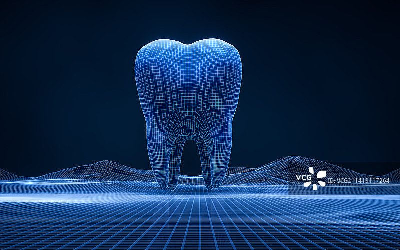 牙齿与蓝色科技概念背景3D渲染图片素材