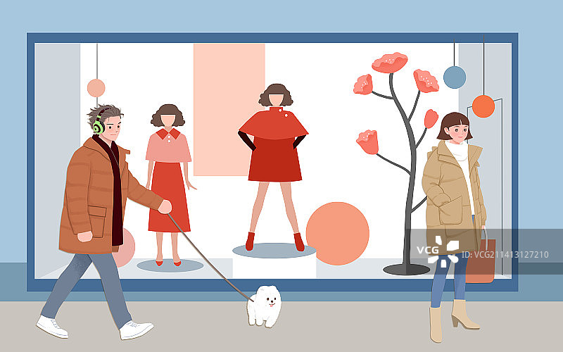 橱窗前的年轻男性与女性图片素材