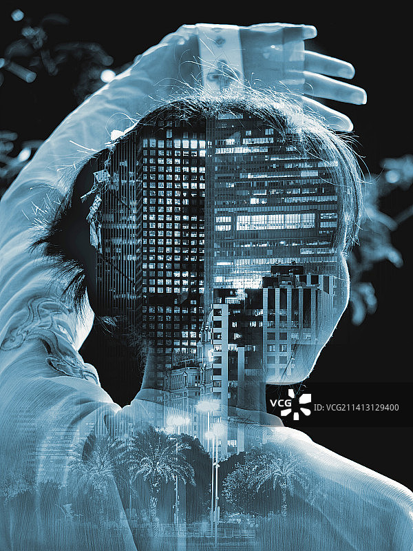 复古汉服女性人物剪影形象高端城市内透风格脑海想象梦境沉迷都市夜晚浪漫温柔赛博朋克合成电影海报风格图片素材