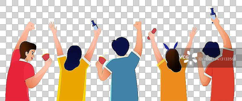 白色背景下举着胳膊欢呼的朋友们图片素材