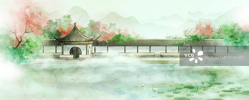 春江水暖鸭先知 古风水墨插画图片素材
