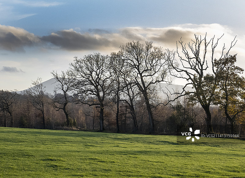 英国兰开夏郡 Ribble 山谷博兰区博尔顿树丛中的彭德尔山图片素材