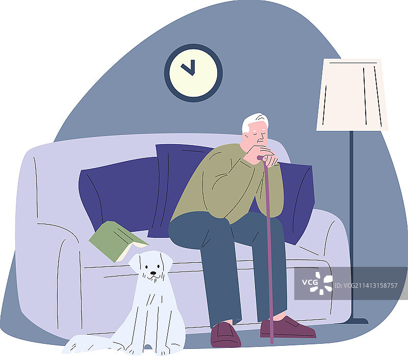 疲惫的老年男人和狗在沙发上睡觉图片素材