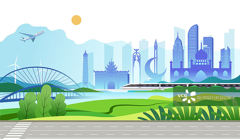 中国宁夏银川市城市旅游景观矢量插画图片素材