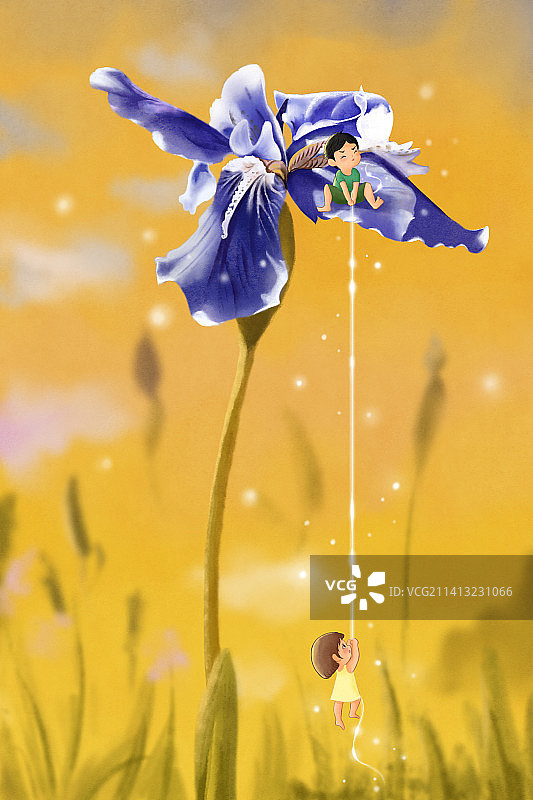 原创手绘插画植物小场景男孩女孩友谊图片素材