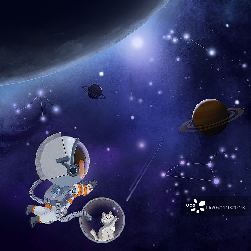 原创手绘插画儿童插画太空星空宇宙宇航员图片素材