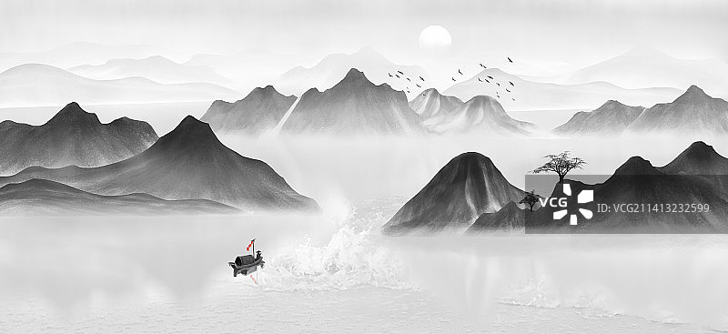 中国风 山水画 水墨画 意境画 背景画 插画 山水 写意 自然 山 背景 淡雅 渔船 写意画 风景画图片素材