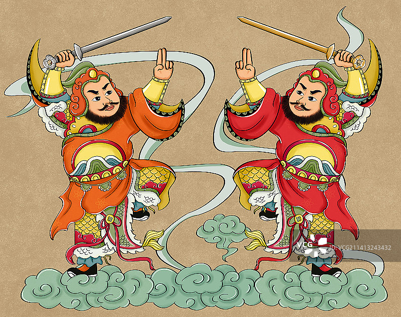 春节门神国潮风插画图片素材