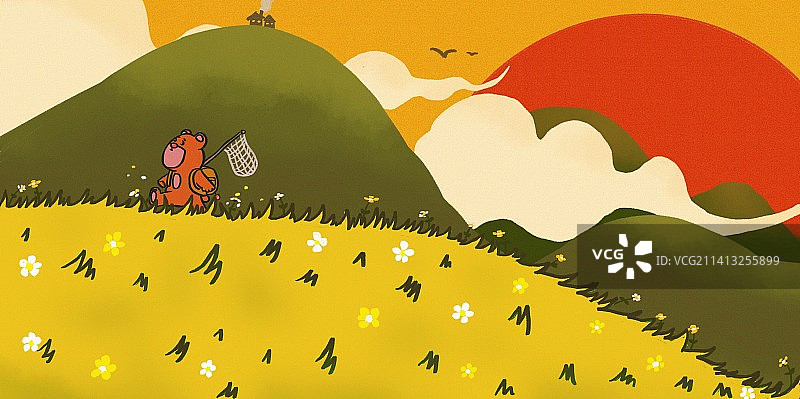 小熊离开家在夕阳下出门旅行图片素材