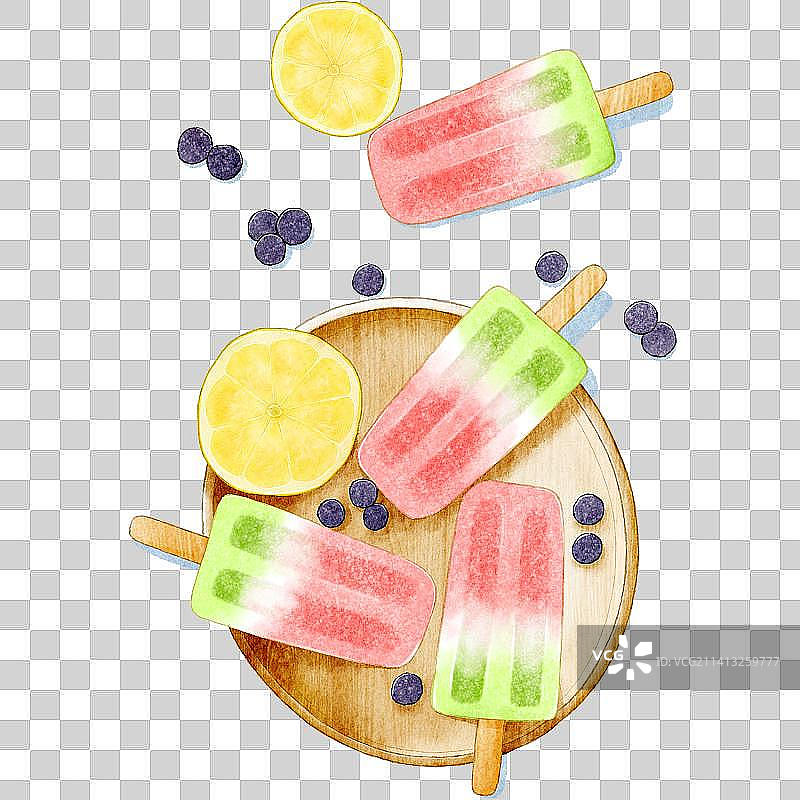 夏天的西瓜棒冰和柠檬和蓝莓免抠元素图片素材