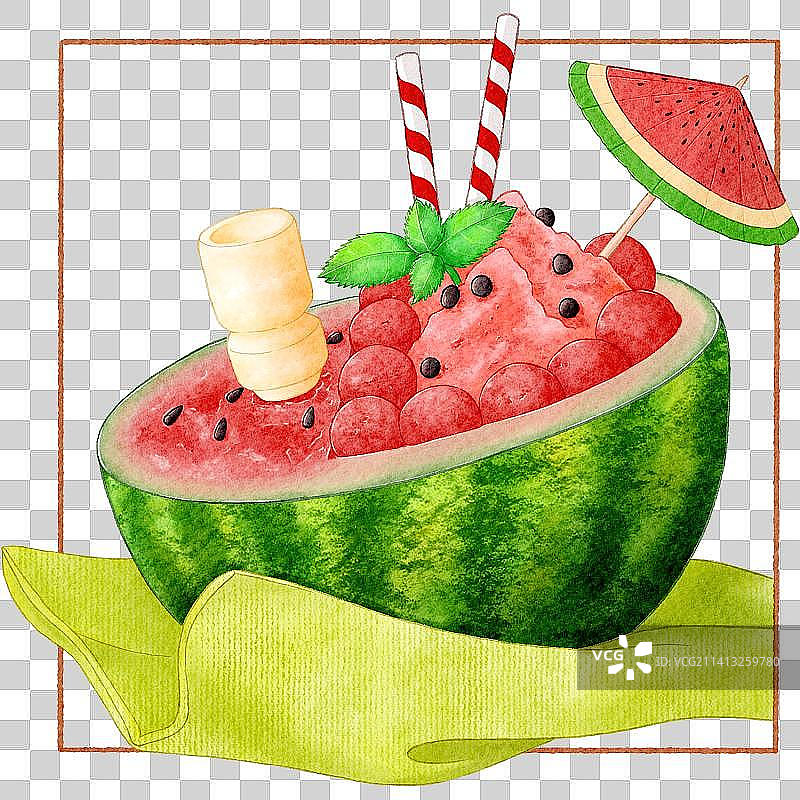 放在薄布上的插着酸酸乳的西瓜冰沙免抠元素图片素材