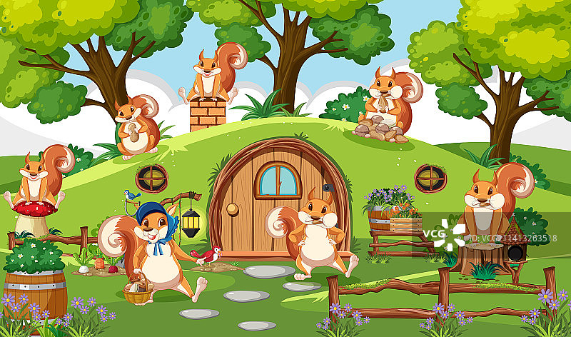 松鼠一家与霍比特人小屋图片素材