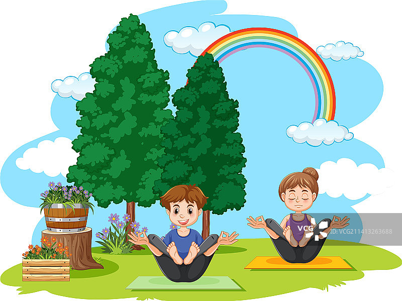 情侣在公园练习瑜伽图片素材