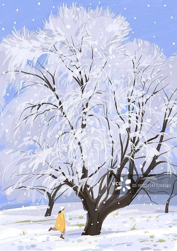 手绘大雪新疆雪淞风景插画雪地大树雪岭插图绘画长白山下雪插画图片素材