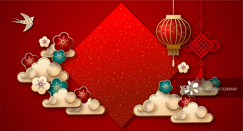 带有灯笼燕子祥云梅花中国结的喜庆节日海报图片素材