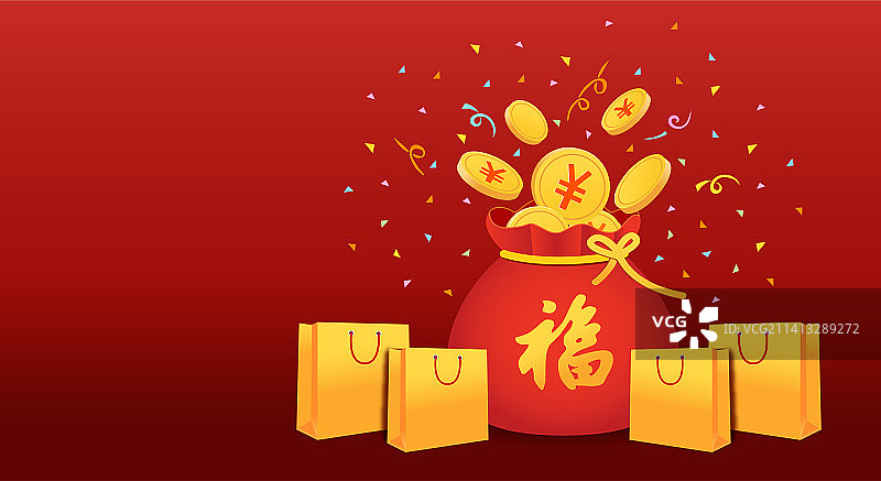 红色福袋里装满红包红色背景促销海报图片素材
