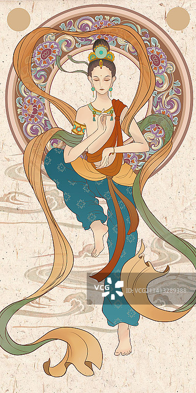 国风古风国潮插画敦煌飞天壁画传统纹样图片素材