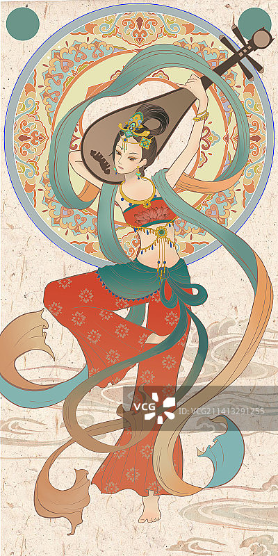 国风古风国潮插画敦煌伎乐反弹琵琶飞天壁画传统纹样图片素材