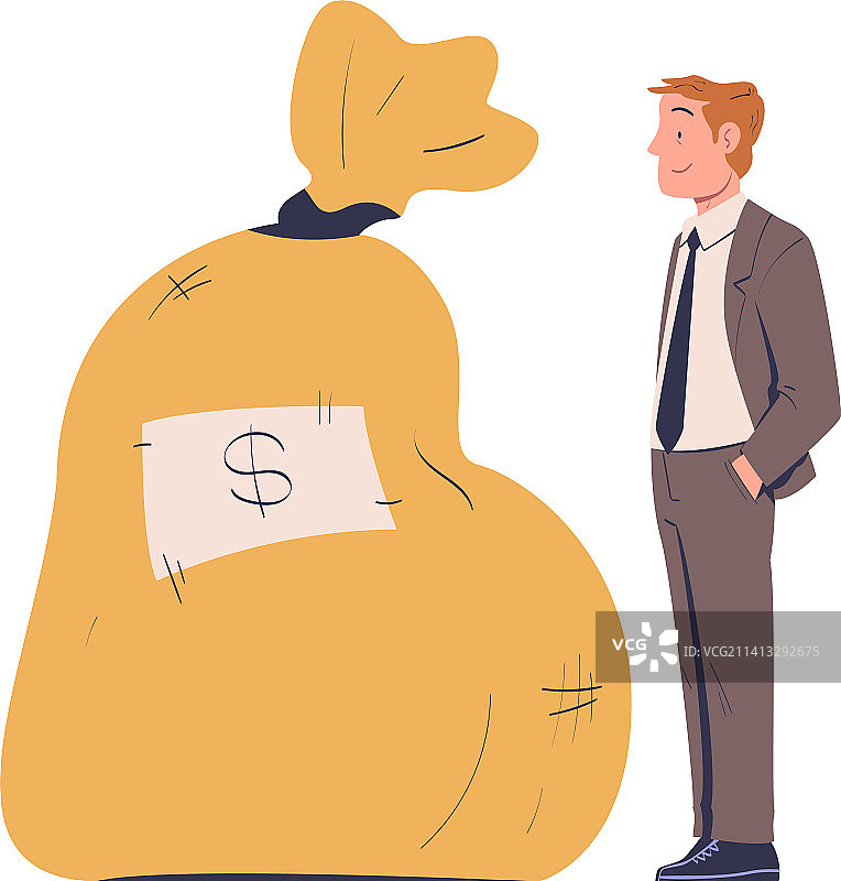 男子站在巨大的美元袋旁图片素材