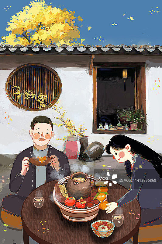 围炉煮茶的两个人图片素材
