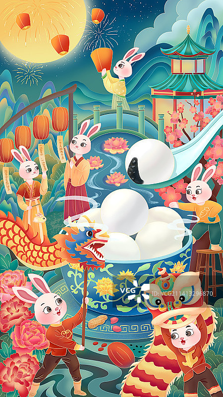 正在舞狮、舞龙、猜灯谜、放灯以欢度元宵节的兔子图片素材