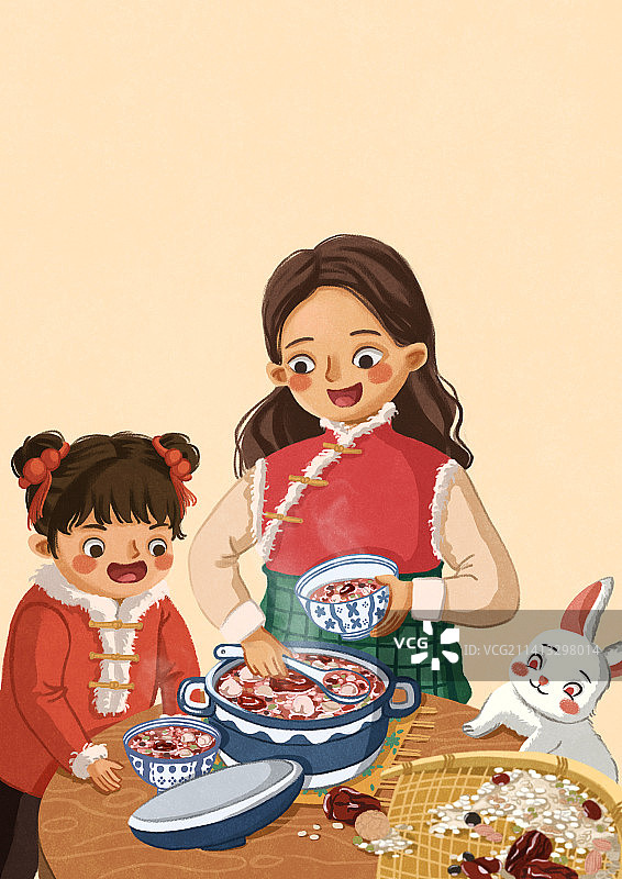 兔年年俗腊八中国风欢乐插画图片素材