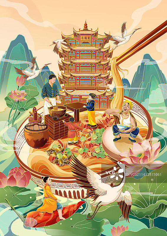 城市美食武汉热干面国潮插画包装图片素材
