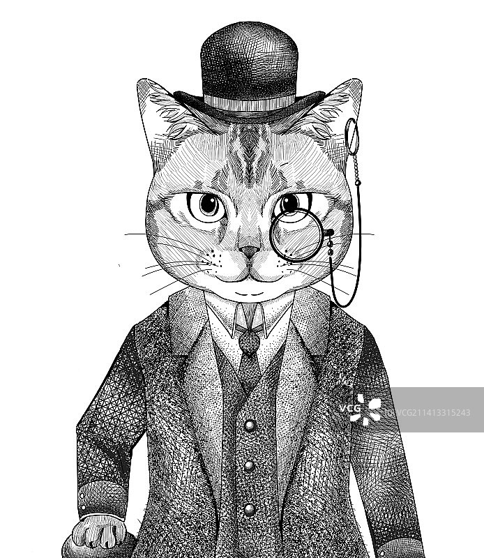 美式复古黑白绅士礼帽猫咪美短版画插画图片素材