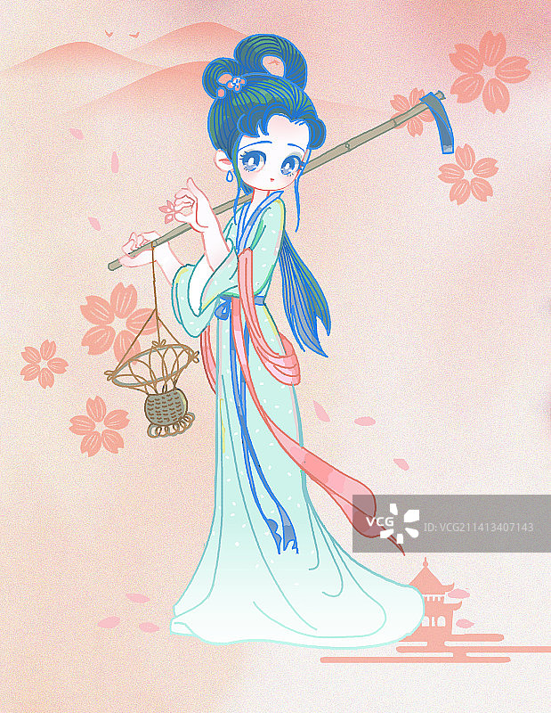 红楼梦金陵十二钗人物Q版古装画像林黛玉葬花图片素材