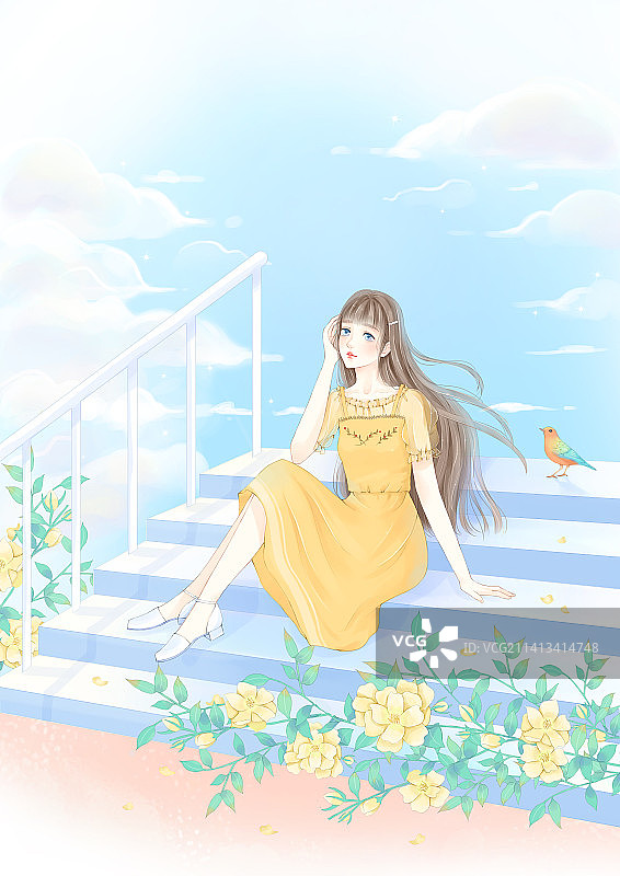 楼梯上看花的少女图片素材