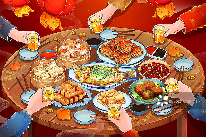 年夜饭酒席干杯插画图片素材