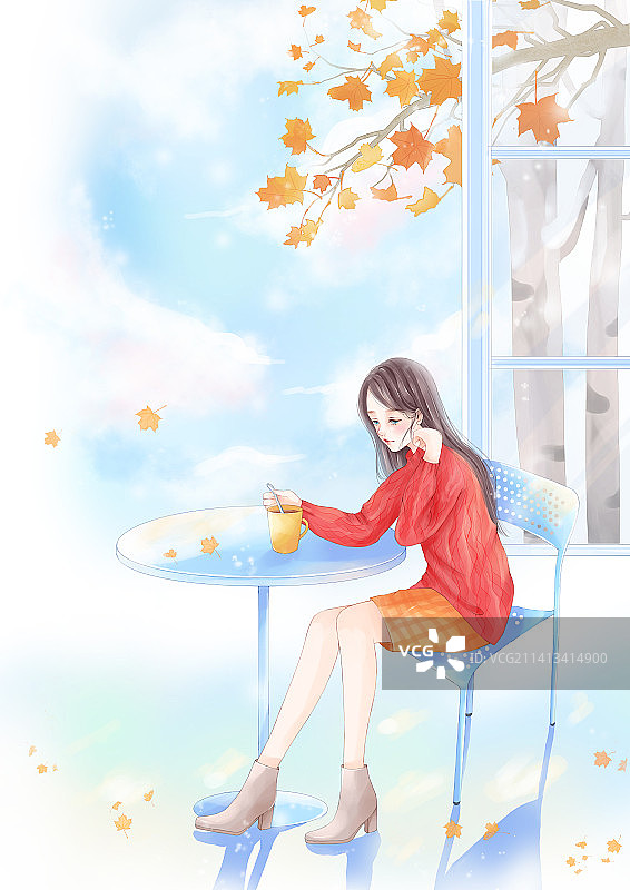 秋天喝咖啡的少女图片素材