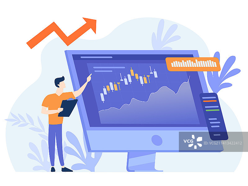 互联网金融股票投资人物分析商务增长上涨K线扁平插画图片素材