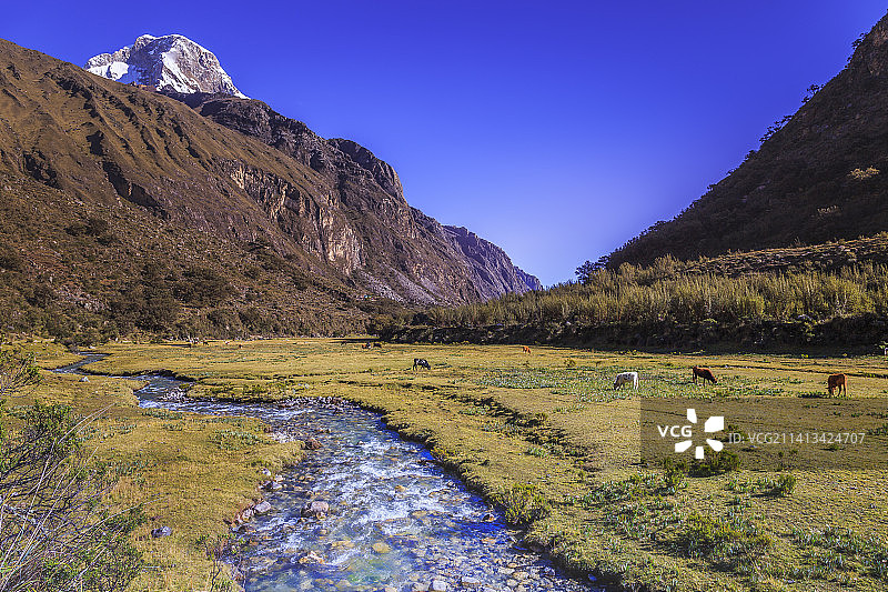 布兰卡山脉瓦斯卡兰山和河流，安第斯山脉雪山图片素材