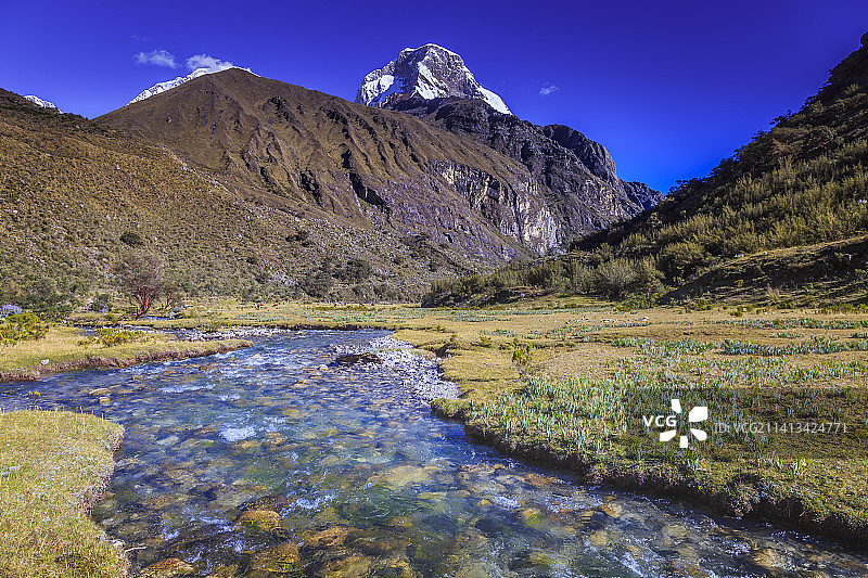 布兰卡山脉瓦斯卡兰山和河流，安第斯山脉雪山图片素材