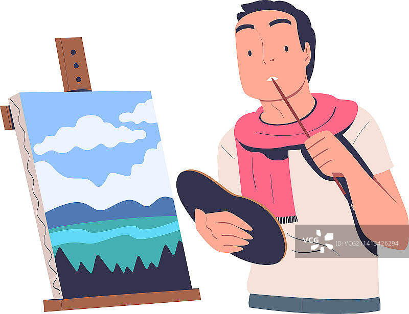 男人角色用画架绘制自然景观图片素材