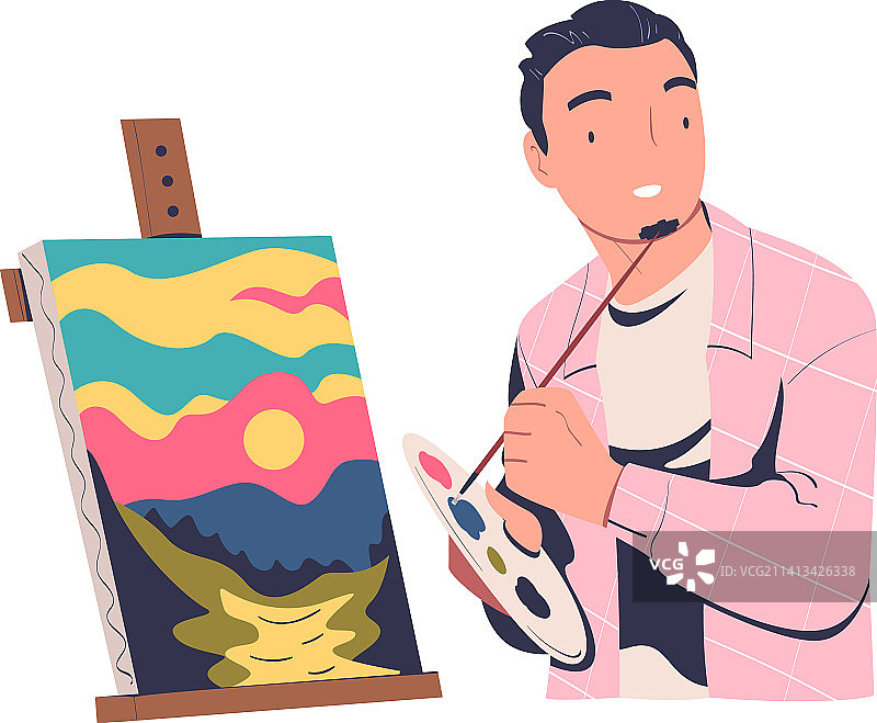 男人角色用画架绘制自然景观图片素材