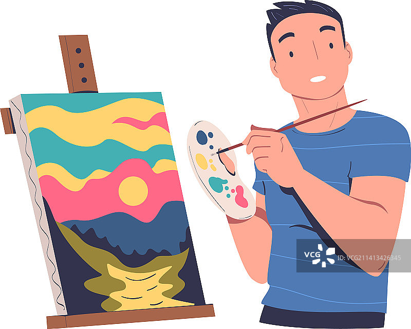 男人角色用画架绘制自然景观图片素材