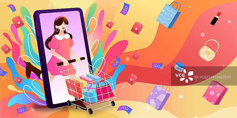 一个女孩推着购物车购物背景插画图片素材