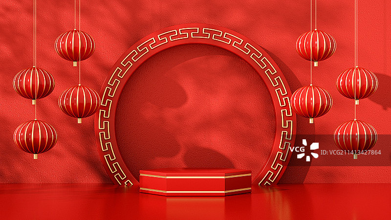 3D渲染春节中国风空间场景展台背景图片素材