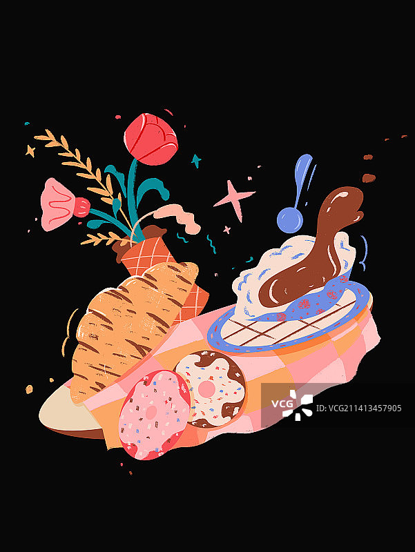 即将倾倒的托盘和咖啡面包花瓶图片素材