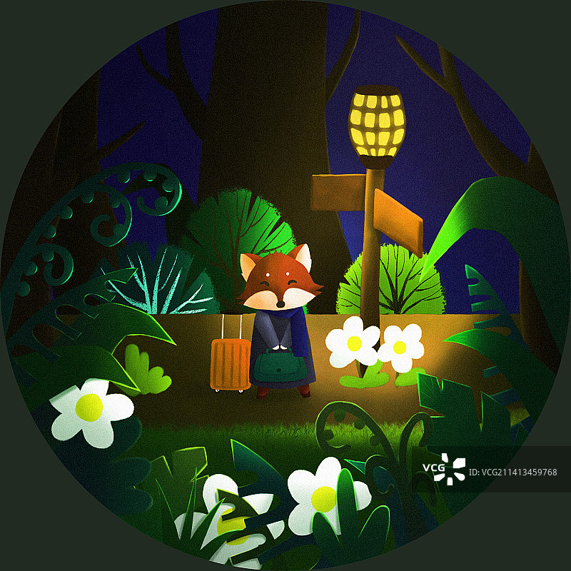 可爱风儿童插画狐狸在郊外的路牌下等着回家的车图片素材